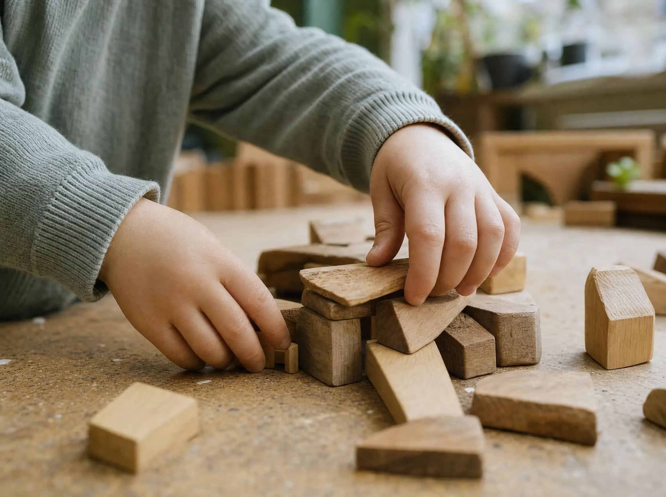 KI-generierte Impression: Kinderhände bauen mit Holzklötzen