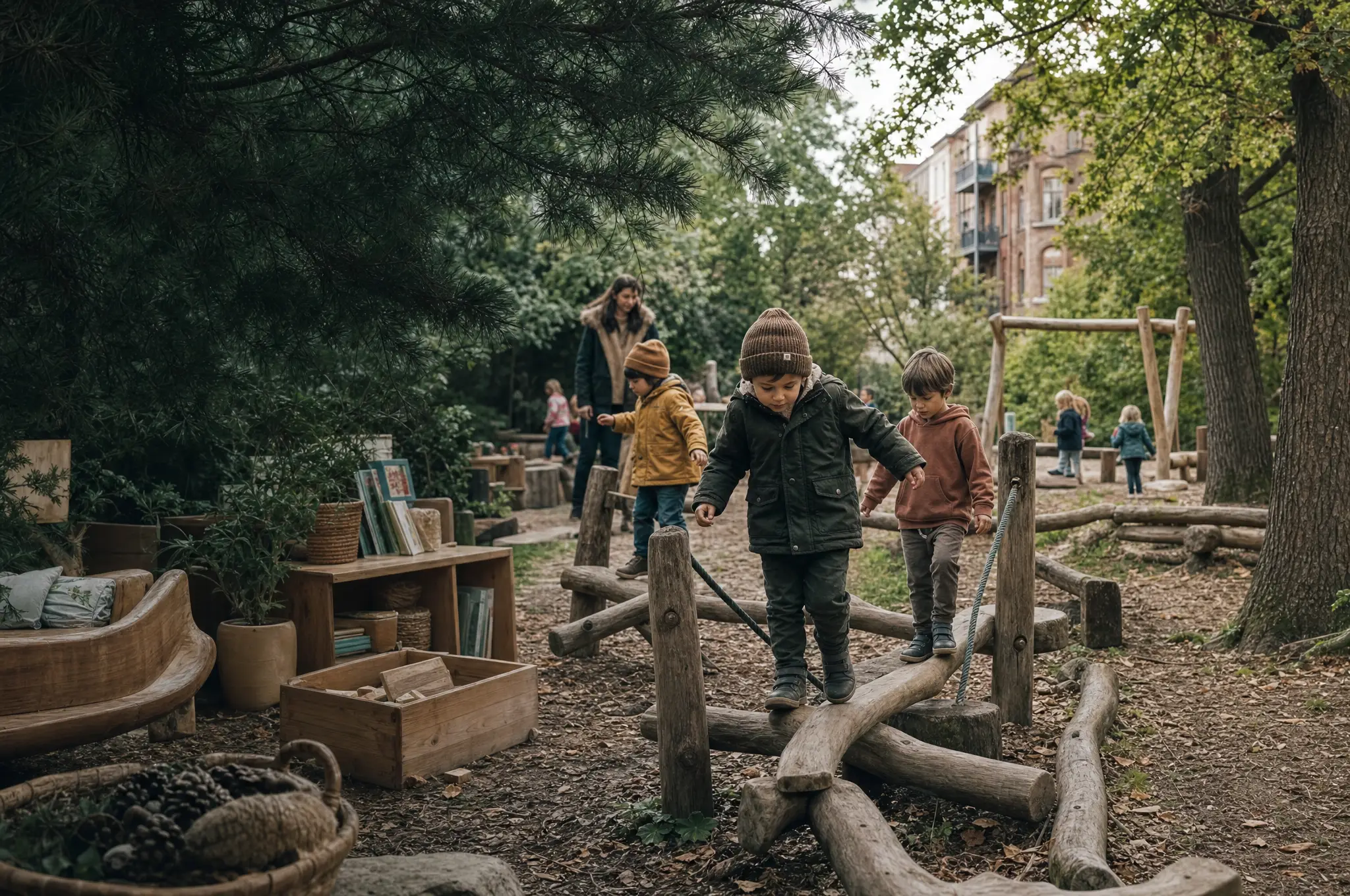 KI-generierte Impression: Kinder erkunden einen grünen Spielbereich