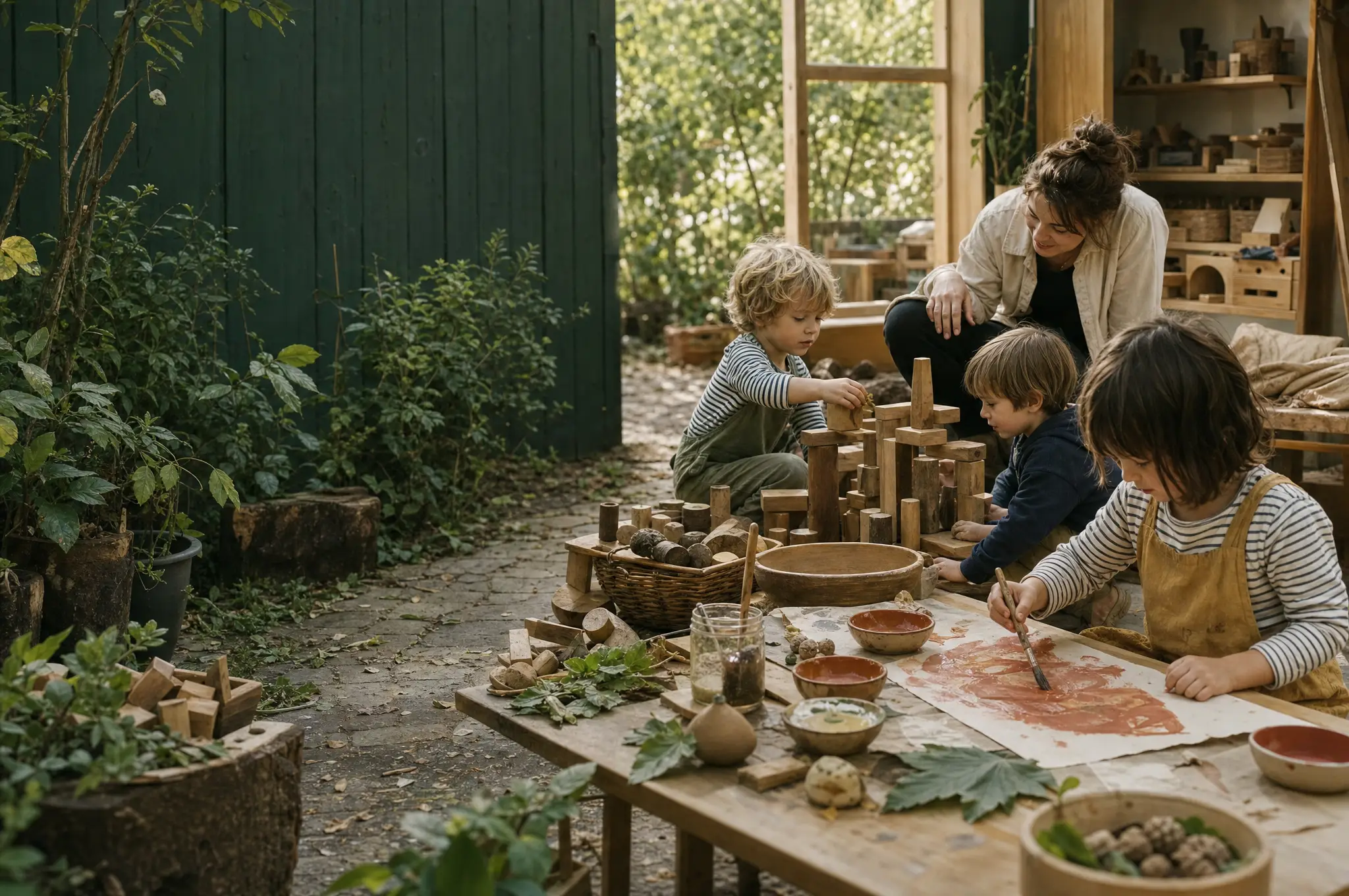 KI-generierte Impression: Kinder malen und bauen zusammen mit einer Betreuungsperson